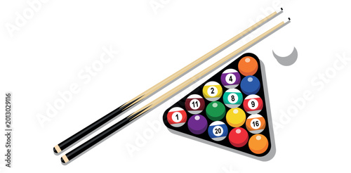 Foto Billiard Pool Cue Sticks and Numbered Balls in Triangle Rack for Sports Recreati