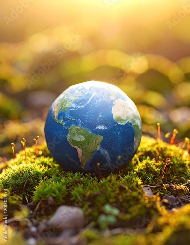 Miniature globe rests on lush moss, bathed in warm sunlight