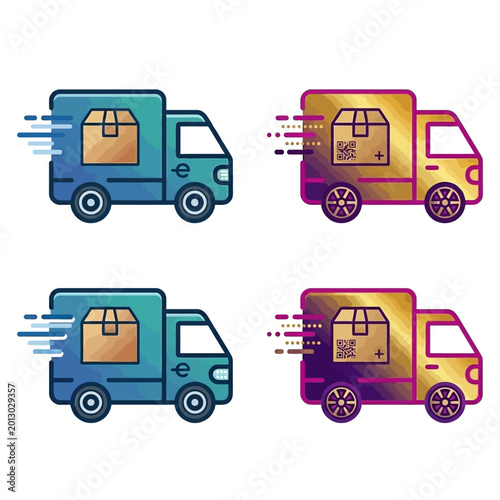 Slika na platnu Delivery trucks with packages move quickly in different colorful variations