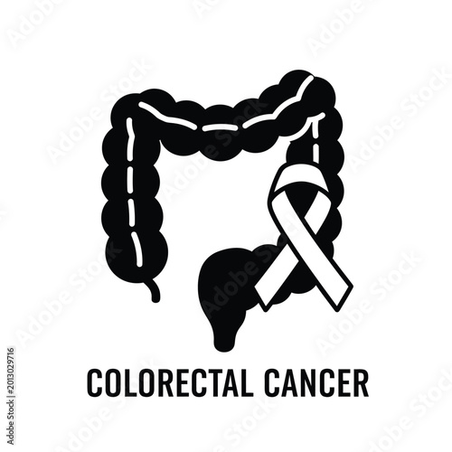Schilderij op canvas colorectal cancer awareness ribbon with illustration of the human intestine on a