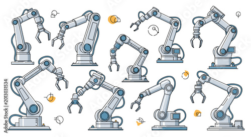 Foto Selection of industrial robotic arm illustrations showing various joints, grippers, and positions for automation technology