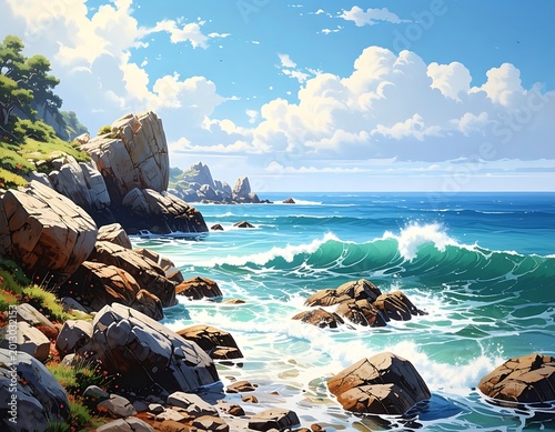 Sunny ocean shore scene
