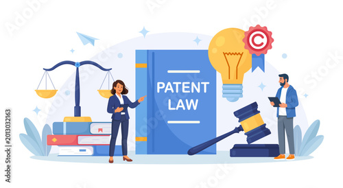 Patent Law and Legislation. People Protect Their Rights to Authorship and Creation of Intellectual Products with Lawyer. Copyright Infringement. Intellectual Property and Brand Patent Protection