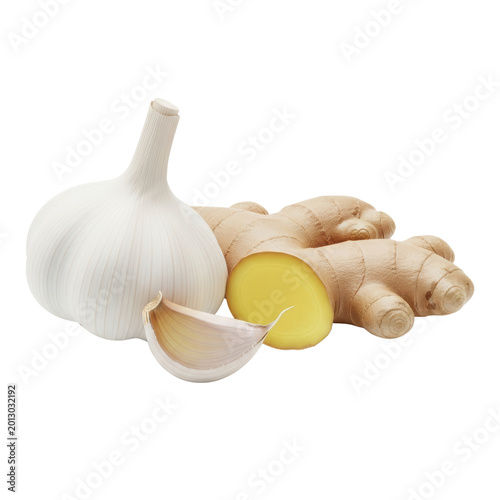 Fresh garlic bulb with clove and ginger root isolated on transparent