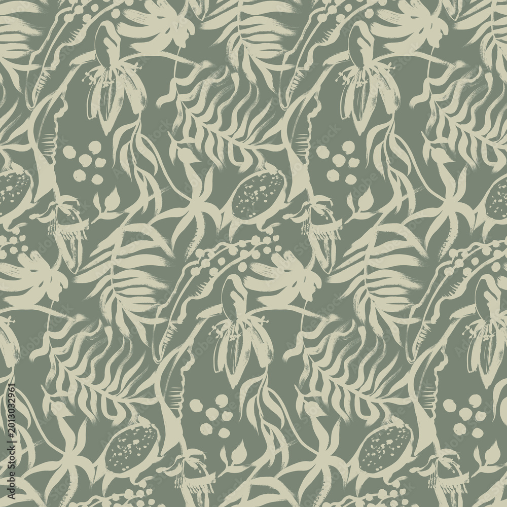 Fototapeta premium A tropical summer art pattern with silhouettes of fruit and palm leaves painted with a dry brush. A seamless print for unisex textiles and the design of yarn-based clothing and accessories.