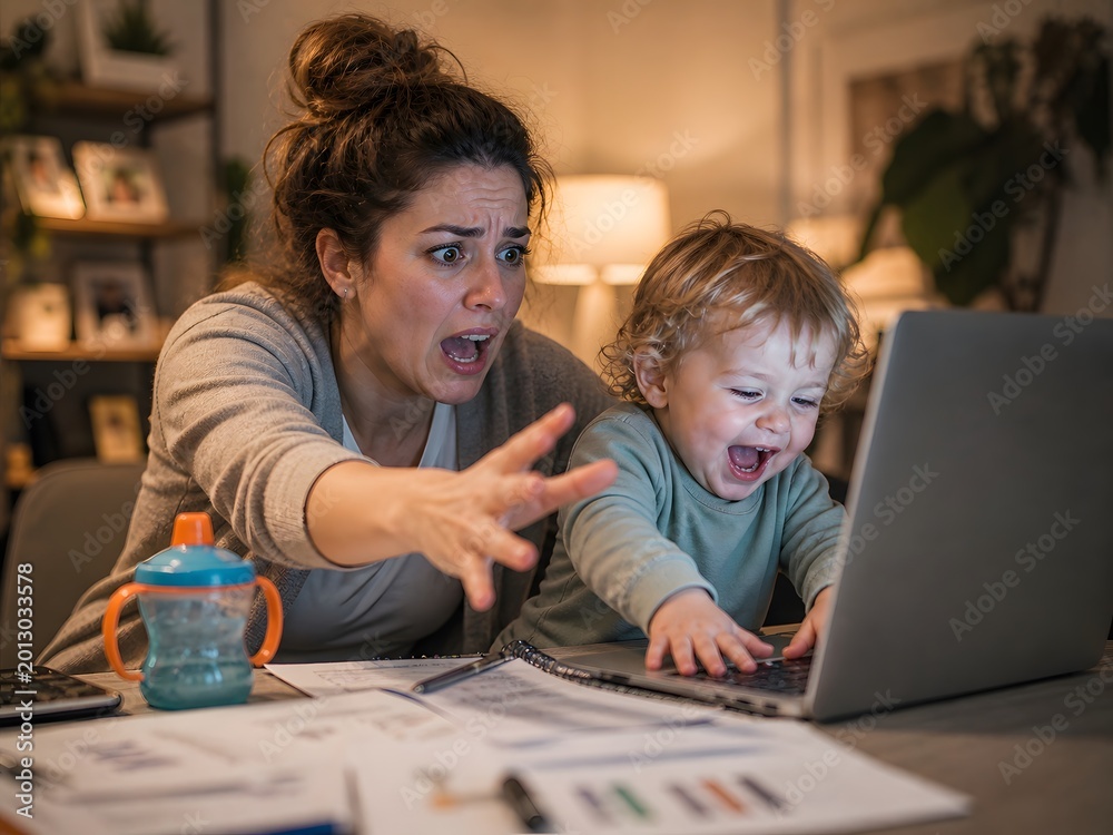 Fototapeta premium Stressed Mother Panicking as Toddler Plays with Laptop while Working at Home