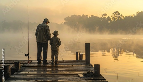 Man teaching child fishing on wooden pier