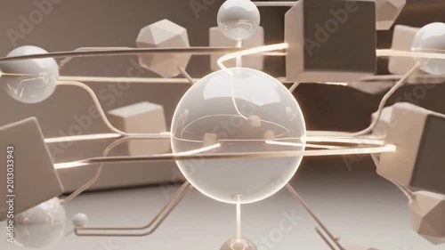 Sophisticated abstract network of glowing lines connecting lustrous spheres and geometric shapes, symbolizing modern technology, data interaction, and conceptual complexity