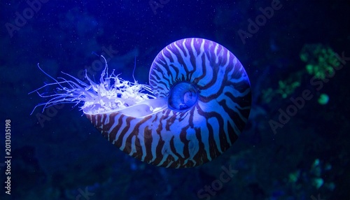 Vibrant blue nautilus shell underwater ocean.