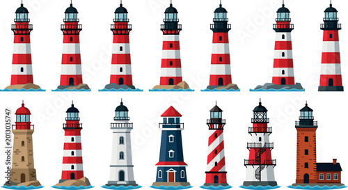Photos Colorful Lighthouse Vector Set Featuring Striped and Solid Designs for Coastal,