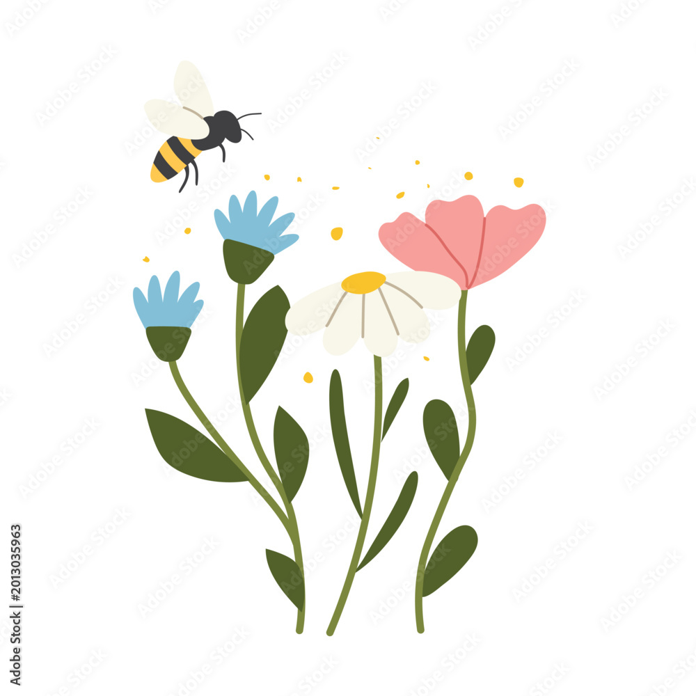 Fototapeta premium bee collecting pollen from wildflowers, pollination and nature concept with honey bee flying over meadow flowers, spring botanical design - vector illustration