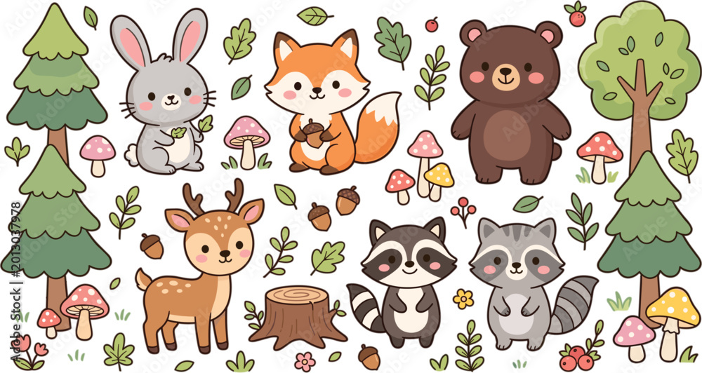 Fototapeta premium Cute Woodland Animal Collection with Fox, Bear, Rabbit, Deer, Raccoon, Trees, Mushrooms, and Forest Nature Elements for Kids