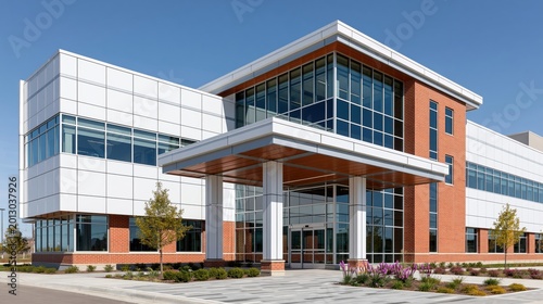 Modern medical center exterior with white panels and brick facade
