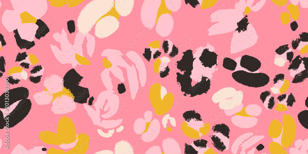 Fototapeta premium A seamless vector pattern of floral-leopard motifs in black, yellow, cream on vibrant pink background 