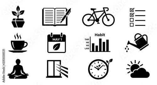 Obraz na plátně A professional collection of 12 solid black vector icons representing spring lifestyle, daily routines, wellness, and seasonal productivity