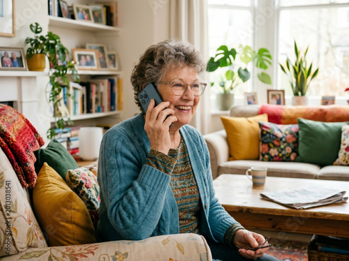 Joyful Older Woman Smiling While Talking on Cell Phone at Home