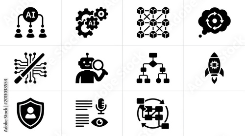 Tableau sur toile A professional collection of 12 solid black vector icons representing multi-agent systems, AI orchestration, and autonomous agentic workflows