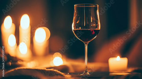 Glass of red wine on a table with lit candles and bokeh background food and drink beverage
