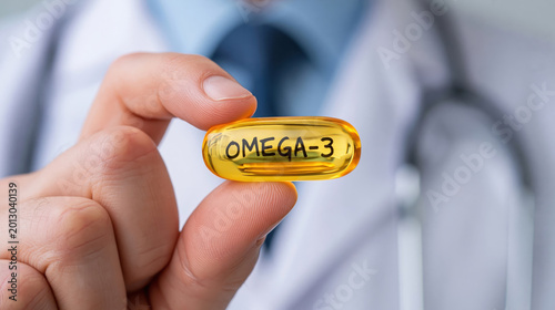Doctor holding omega-3 fish oil supplement capsule in hand closeup medical healthcare concept