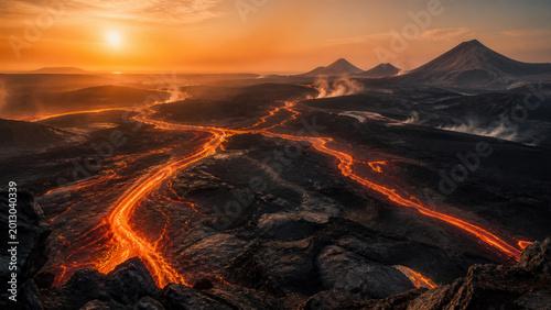 Glowing Lava Rivers Across Volcanic Mountain Landscape