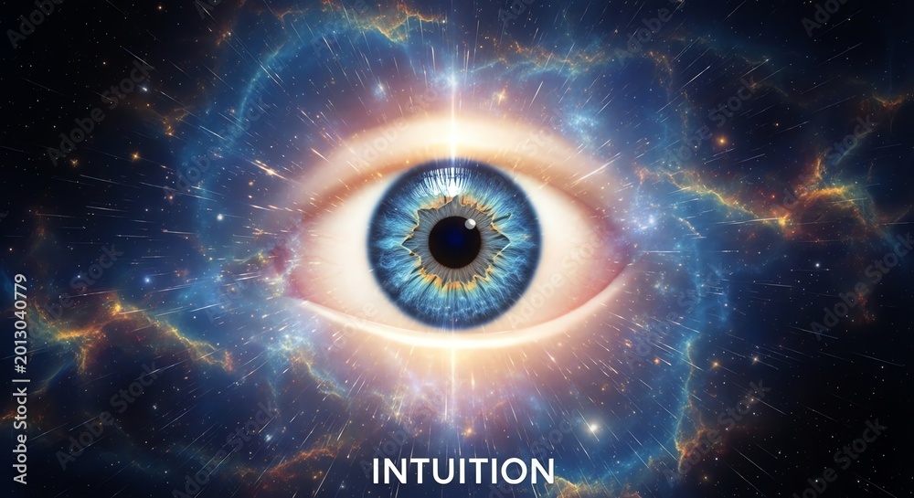 Fototapeta premium Close-up of a human eye with cosmic background and the word intuition at the bottom.