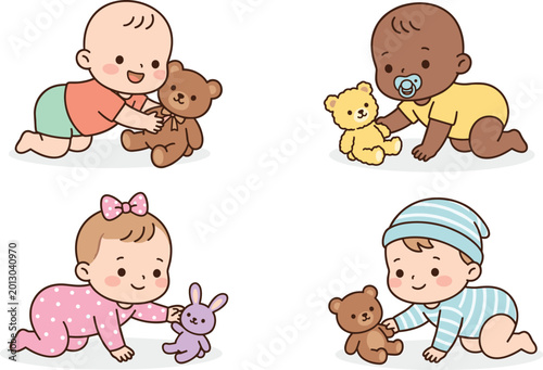 Cute Crawling Baby Characters Playing with Teddy Bears and Toys Cartoon Vector Illustration Set for Nursery and Kids Design