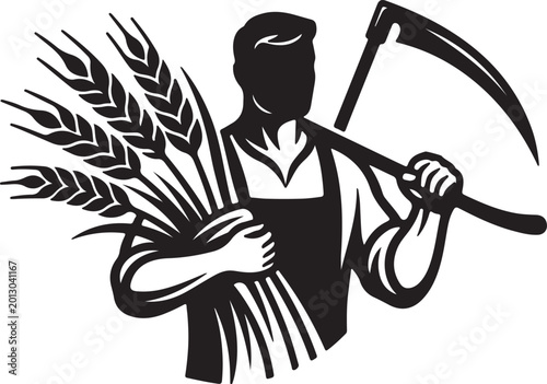 Foto Elegant vector silhouette of a strong farmer holding stylized wheat sheaves and
