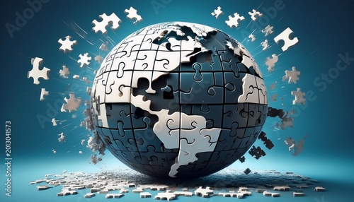 3d rendered dark globe assembled from white puzzle blocks with pieces breaking away against a soft blue background evoking global connectivity fragmentation and technological transformation
