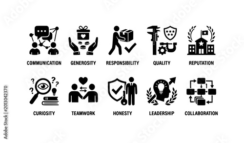 Canvas Print Core values dual color flat icon set with communication honesty teamwork and res