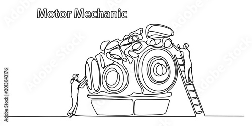 Photography Motor mechanic team working together to repair and maintain a large car engine i