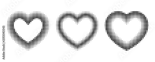 Halftone dots form decorative heart frames with gradient fade effects. Retro pop art style pattern perfect for valentine cards, romantic designs, and trendy digital graphics projects.