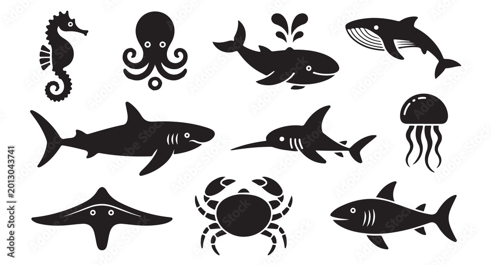 Obraz premium Set of ocean animal silhouettes including sharks octopus whale jellyfish and crab icons.