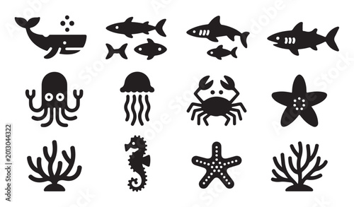 Tableau sur toile Sea life icons set with whale sharks octopus crab starfish coral seahorse jellyfish vector