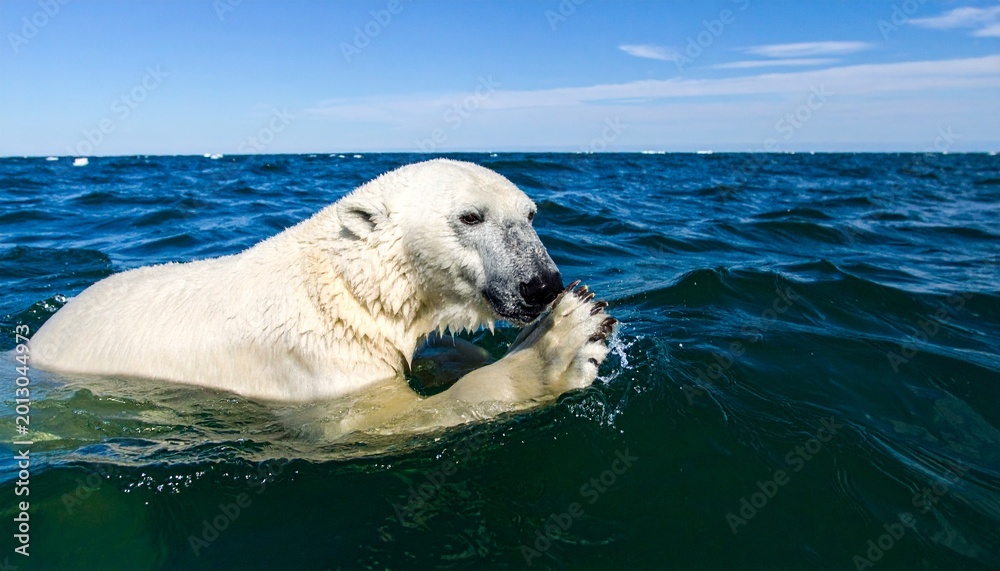 Naklejka premium Polar bear swimming in ocean water.