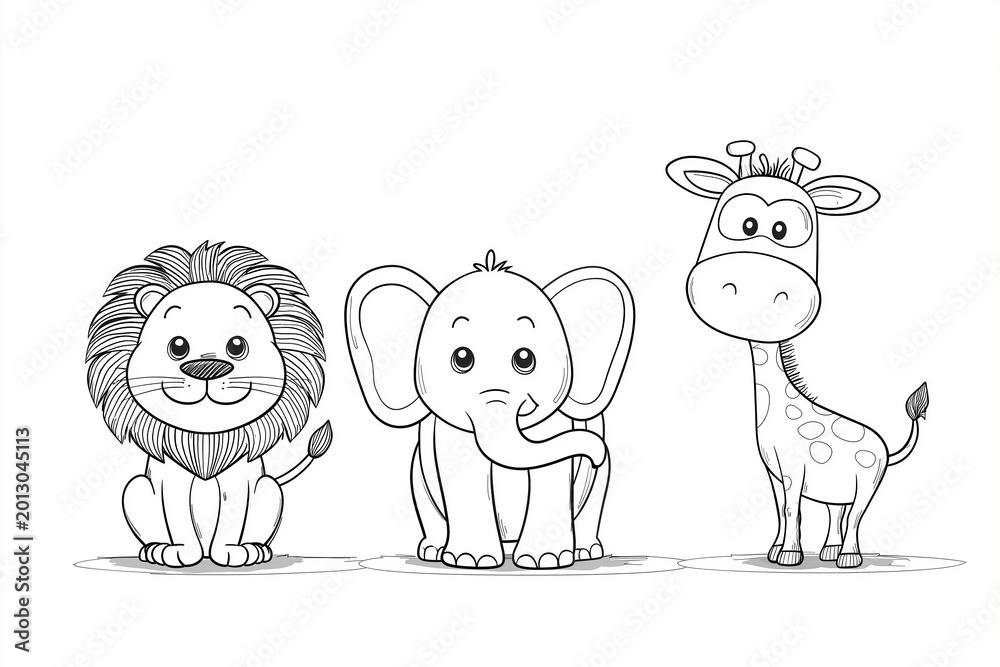 Fototapeta premium Cute jungle animals coloring book page for kids, simple line art