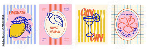 Amalfi Coast Summer Doodle Poster Set With Lemon, Seashell, Cocktail and Hibiscus Flower