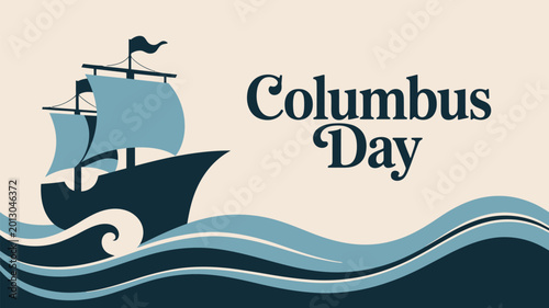 Quadro su tela A vintage sailing ship illustration with the text columbus day on a wavy backgro