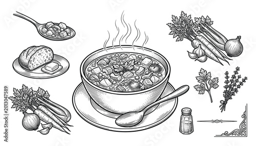 Hot vegetable soup in bowl with ingredients vector sketch illustration transparent background food and drink.