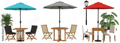 Foto Outdoor Cafe Furniture Collection with Patio Tables Chairs and Umbrellas Vector