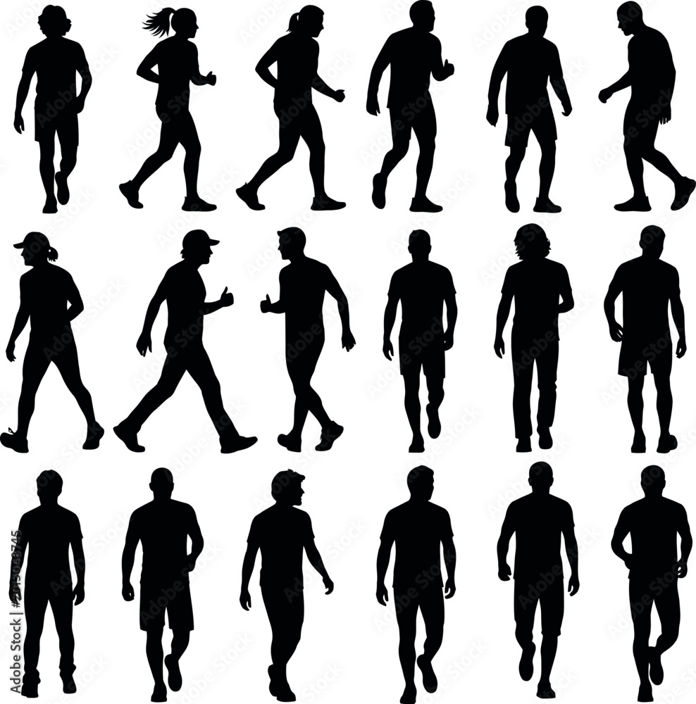 Obraz premium Silhouettes of people walking and running in various dynamic poses with activity
