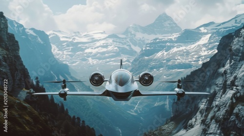 Futuristic aircraft over alpine peaks