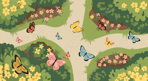 Colorful butterflies flying in a beautiful summer garden.