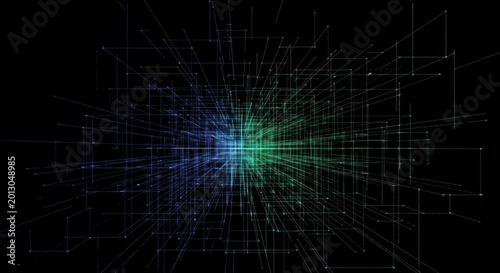 Abstract digital network grid with glowing blue and green light