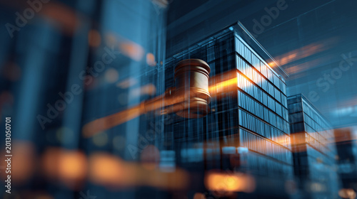 Silhouette of judge gavel against modern glass office building at sunset symbolizing corporate law justice and legal regulation in urban business environment