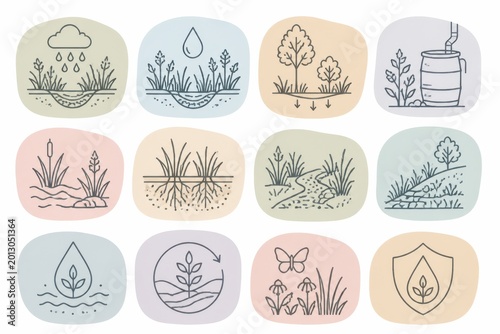 Minimal eco line icon set with pastel rounded tiles for water cycle drought roots rain harvesting and sustainable landscape design
