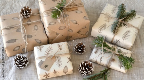 Wrapped gifts with nature-inspired patterns