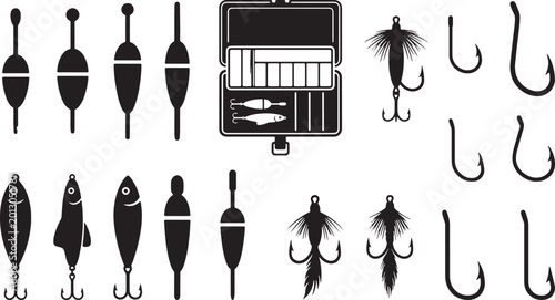 Tableau sur toile Fishing Floats and Fly Lures Vector Set - Tackle Box and Hook Silhouettes