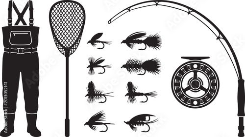 Bilde på lerret Fly Fishing Equipment Silhouette Set - Waders, Fly Reel, and Lure Vector Collect