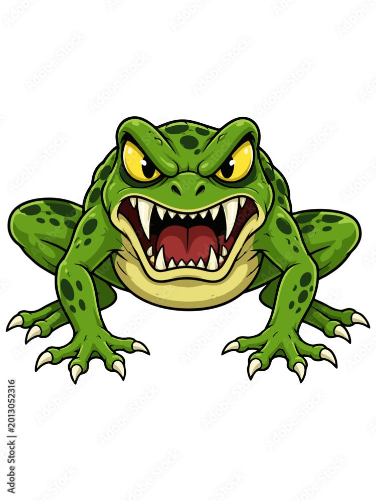 Fototapeta premium Fierce Green Frog with Sharp Teeth Cartoon