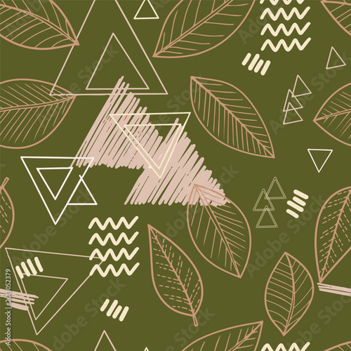 Modern botanical background in olive green and beige featuring sketched foliage, geometric triangles, and zig zags. Ideal for eco conscious textiles.